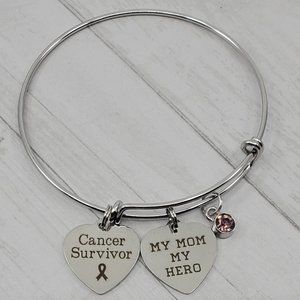Womens Awareness Stainless Steel Adjustable Cancer Survivor Charm Bracelet